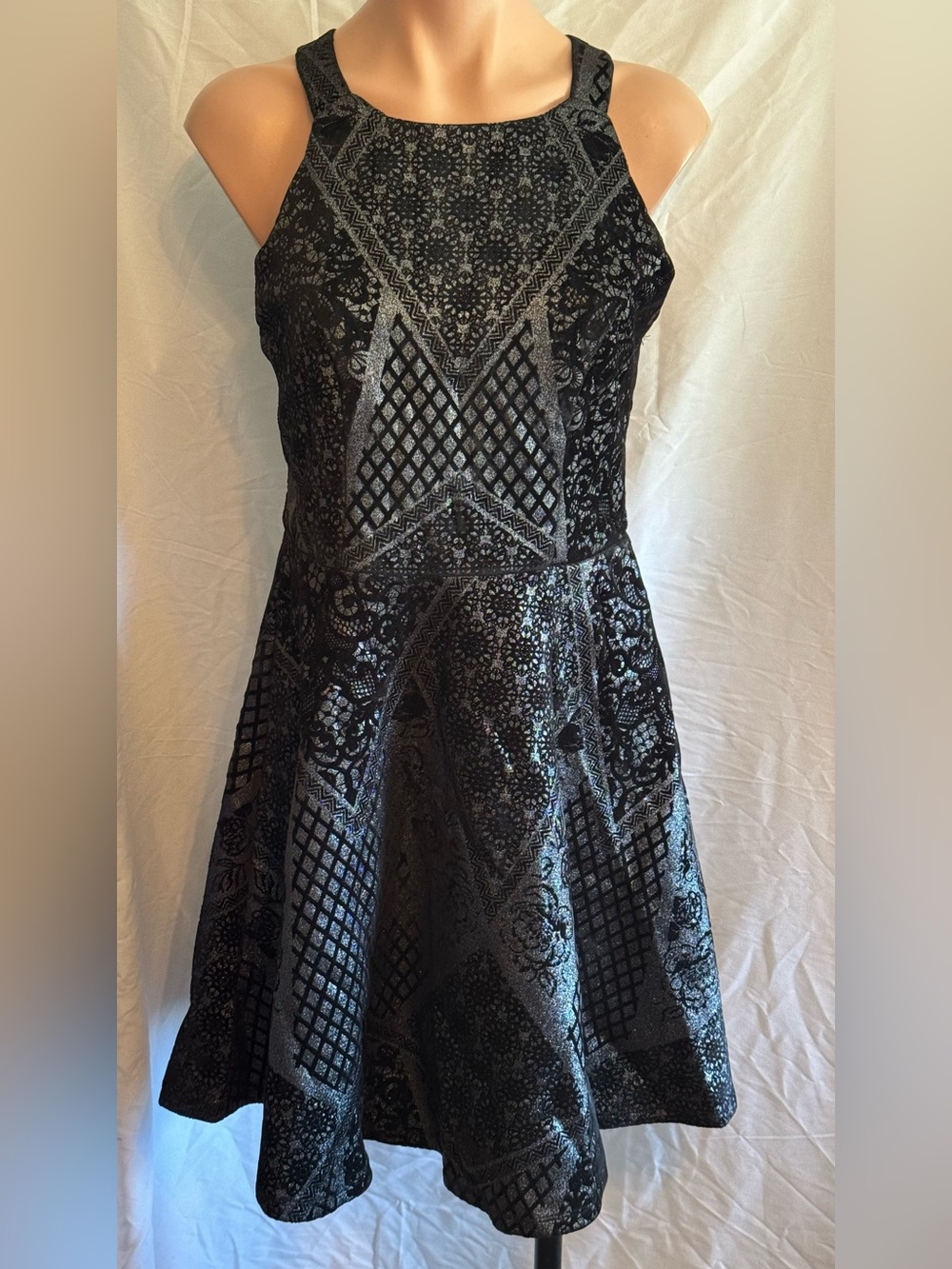 Elegant Fun Black Velvet With Silver Metallic Pattern Fit-and-Flare Halter Dress